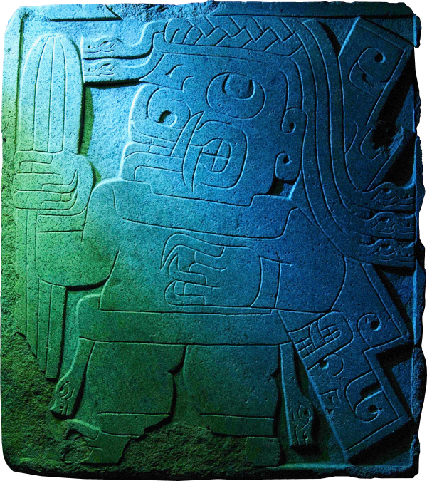 Stela of the cactus bearer from Chavín de Huántar, Ancash, Peru, depicting a figure carrying a Trichocereus macrogonus var. pachanoi cactus.